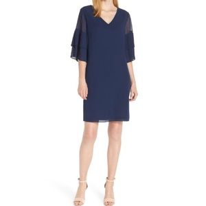 Sam Edelman Navy V‑Neck Shift Dress with Tiered Sheer Sleeves